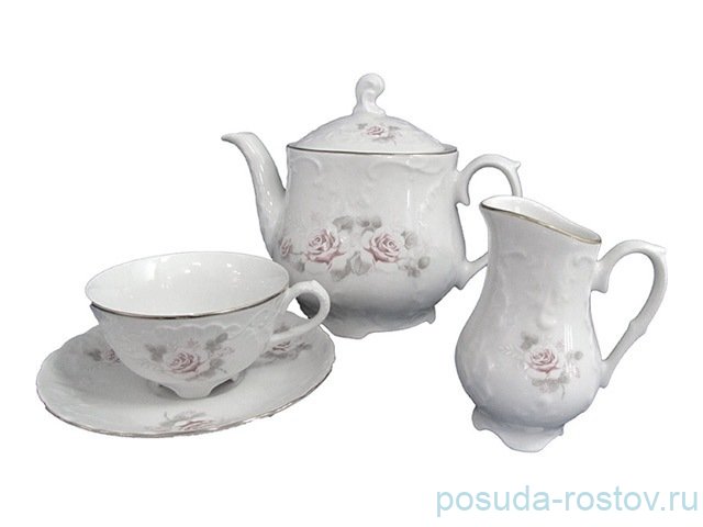 Чайный сервиз на 6 персон 15 предметов "Рококо /Серая роза /платина" (220 мл) / 109875