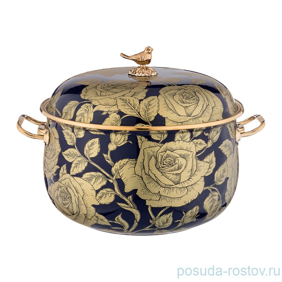 Кастрюля 24 см с крышкой эмалированная 6,1 л кобальт "Agness /Ренессанс /Розы" / 210663