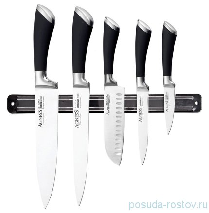 Набор кухонных ножей 6 предметов на магнитном держателе чёрные &quot;Agness&quot; / 198947