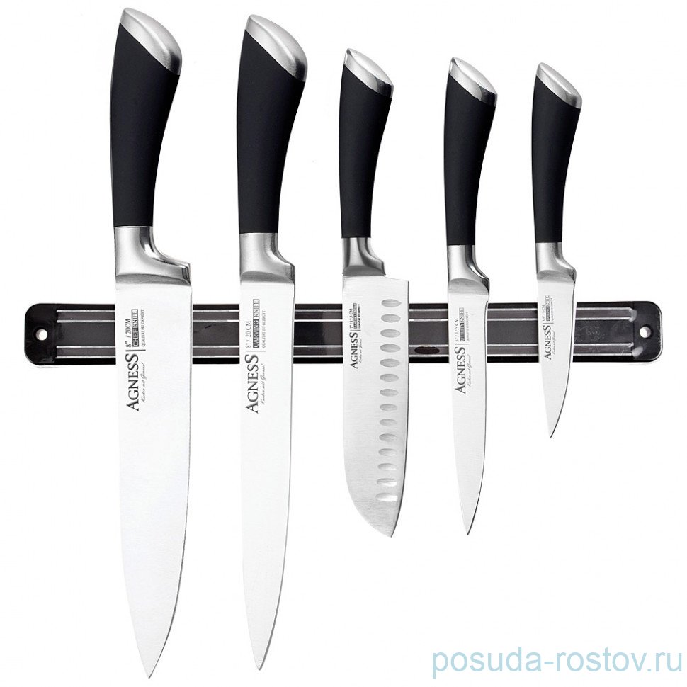Набор кухонных ножей 6 предметов на магнитном держателе чёрные "agness" / 198947