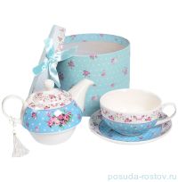 Чайный набор 3 предмета (чайная пара + чайник) &quot;Розочки на голубом&quot; / 150350