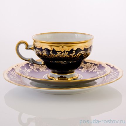 Набор десерный (чайная пара 210 мл, тарелка 19 см) &quot;Ювел /Синий с золотым узором&quot; подароч. упаковка / 049627