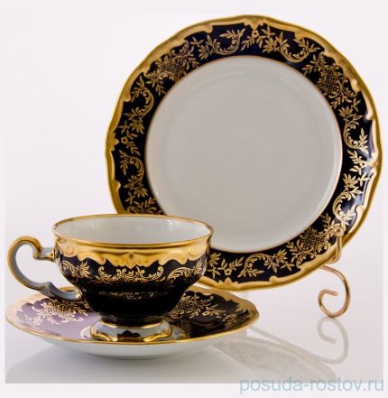 Набор десерный (чайная пара 210 мл, тарелка 19 см) &quot;Ювел /Синий с золотым узором&quot; подароч. упаковка / 049627