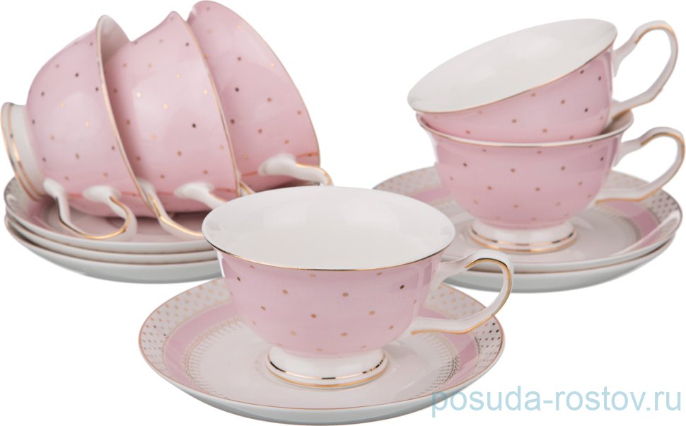 Набор чайных пар 200 мл 6 шт "Золотой горох на розовом" / 189667