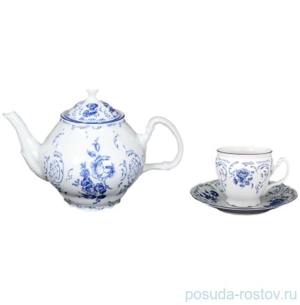 Чайный сервиз на 6 персон 15 предметов &quot;Бернадотт /Синие розы&quot; (чашка 240 мл, блюдце 15 см) / 124923