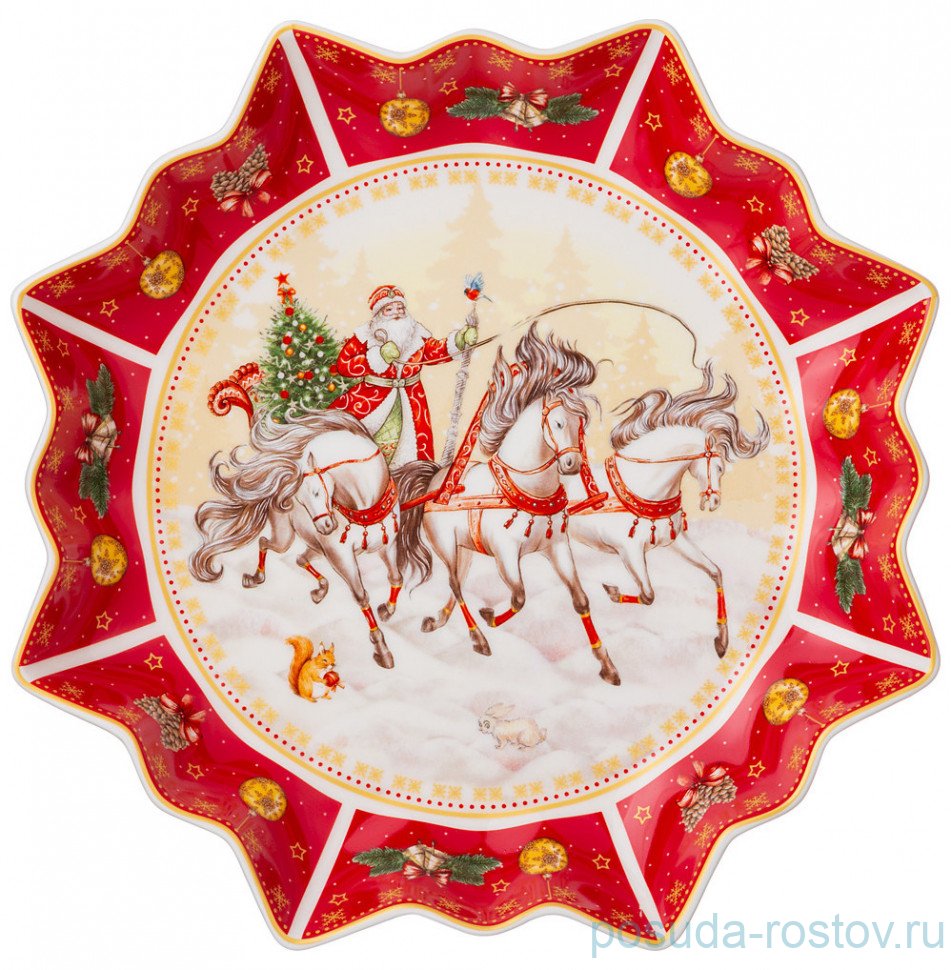 Блюдо 26 см фигурное красное "с новым годом! /русская тройка" / 254427 Блюдо 26 см фигурное красное "с новым годом! /русская тройка" / 254427