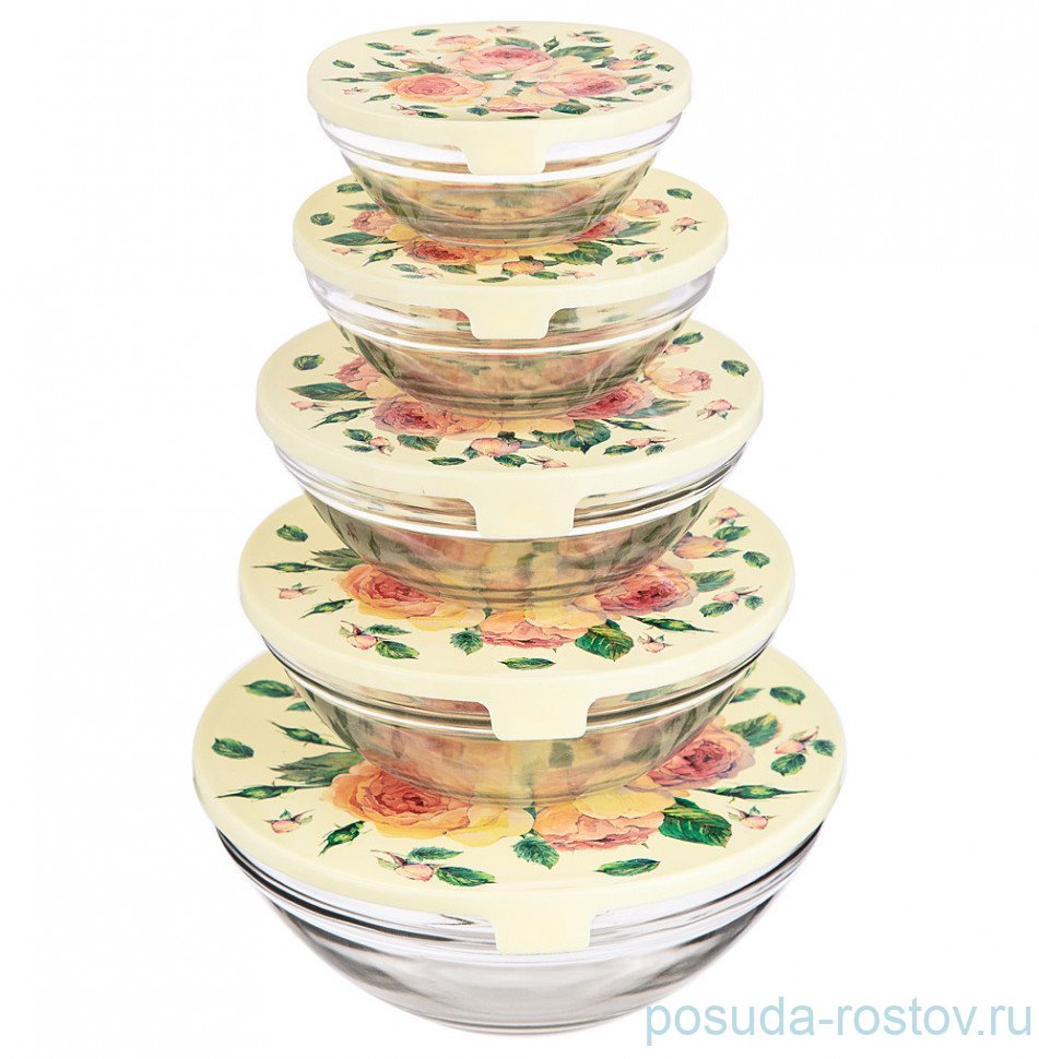Набор мисок 5 шт (150, 250, 450, 630 мл, 1,15 л) с крышками "винтаж /розы" / 253551