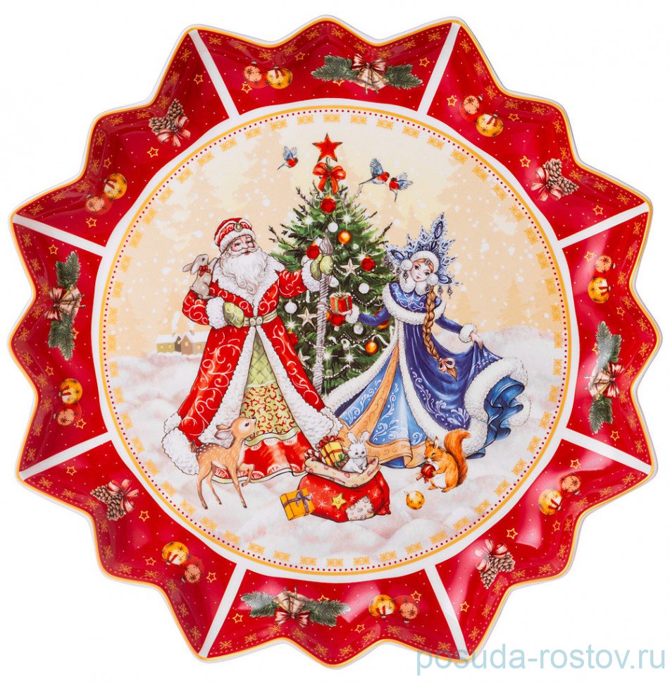 Блюдо 38 см фигурное красное "С новым годом! /Дед Мороз и Снегурочка" / 267335