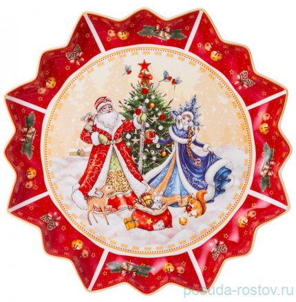 Блюдо 38 см фигурное красное &quot;С новым годом! /Дед Мороз и Снегурочка&quot; / 267335