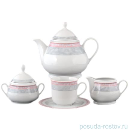 Чайный сервиз на 6 персон 15 предметов &quot;Яна /Серый мрамор с розовым кантом&quot; / 056361