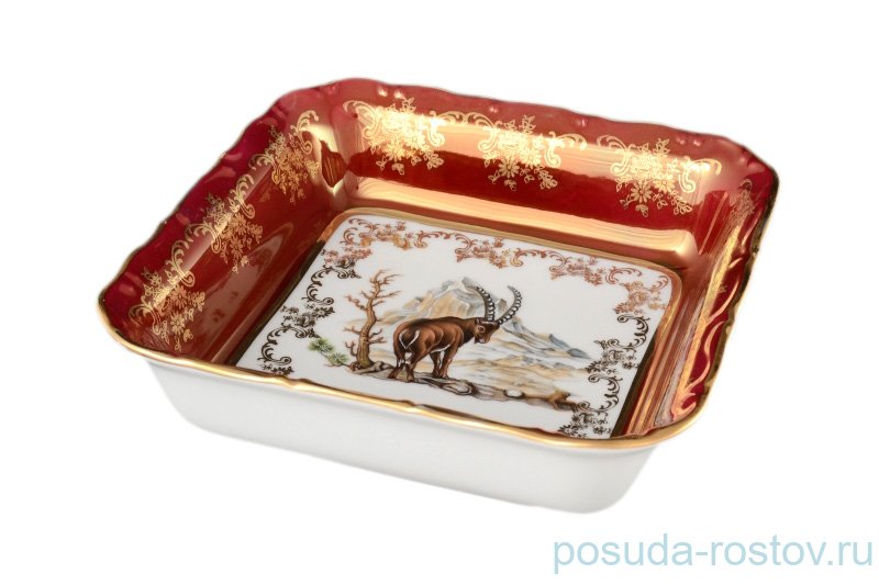 Салатник 16 см квадратный  Bohemia Porcelan Moritz Zdekauer 1810 s.r.o. "Магнолия /Охота красная" / 038339