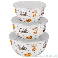 Набор мисок 3 предмета (14, 16, 18 см) с пластиковыми крышками эмалированные &quot;Коты&quot; / 271609