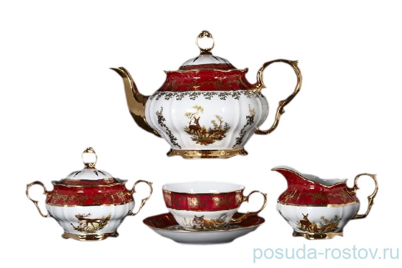 Чайный сервиз на 6 персон 15 предметов  Bohemia Porcelan Moritz Zdekauer 1810 s.r.o. "ГР /Охота красная" / 047600
