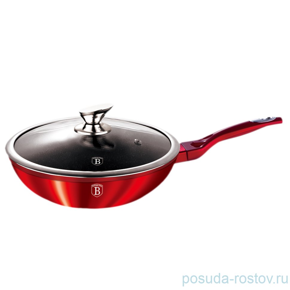 Сковорода вок 30 см с крышкой  Berlinger Haus "Carbon Metallic Line" красная / 106899
