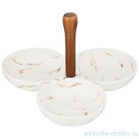 Менажница 23,5 х 23,5 х 16,5 см 3-х секционная с деревянной ручкой &quot;Золотой мрамор /Белая&quot; / 208529