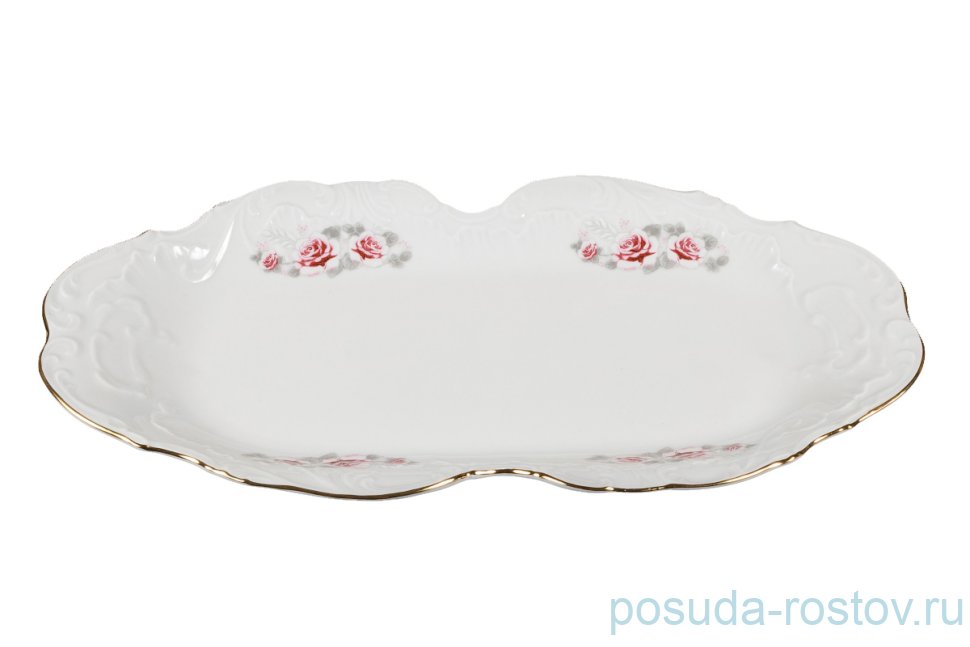Блюдо 36 х 17,5 см овальное фигурное "Рококо /577 /Серая роза /золото" / 127649